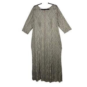 Kay Unger New York Maxi Gown Womens L-XL Sage Metallic Sheer Floral Lace 3/4 Sl